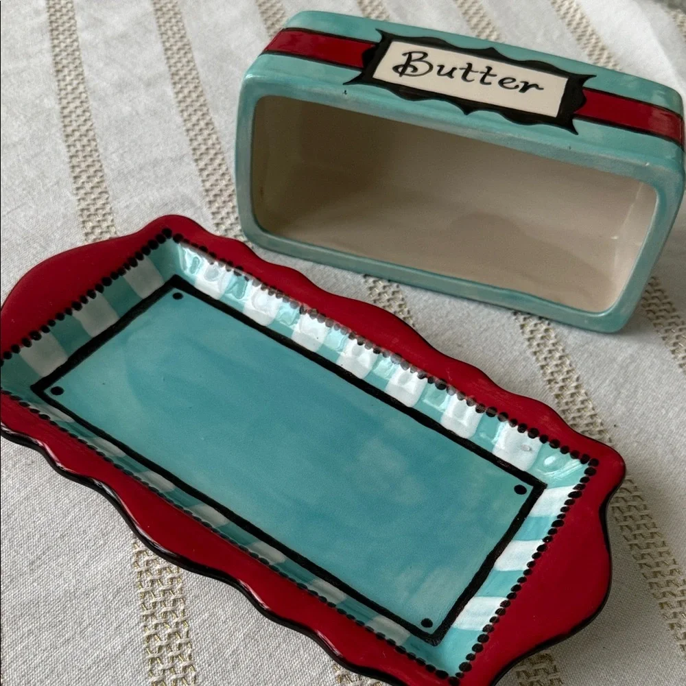 Hand painted Ceramic Butter Dish with Lid - Red and Aqua